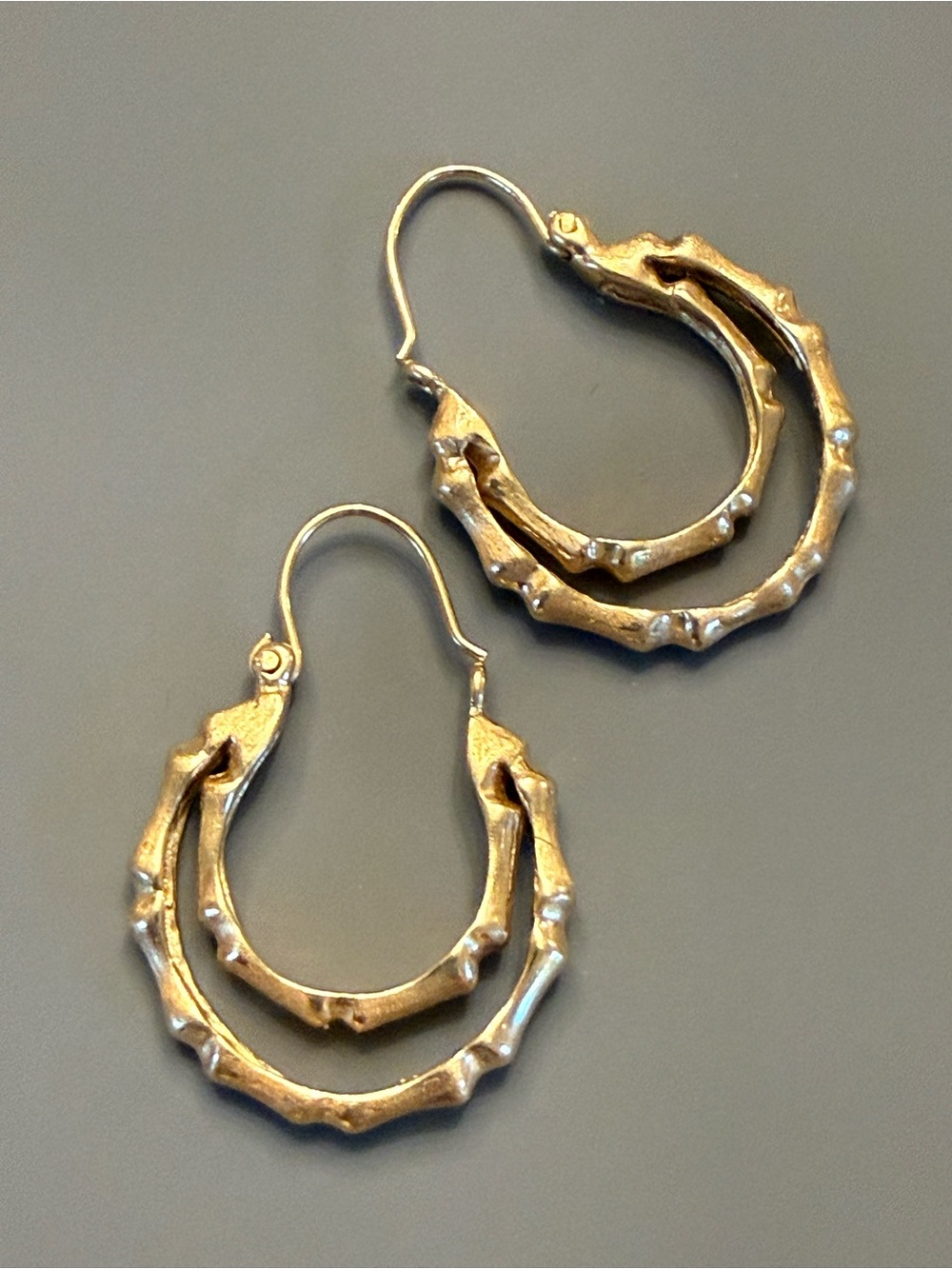 Mid Century Modern 14K Yellow Gold Double Bamboo Hoop Earrings, 4 gram, VGUC